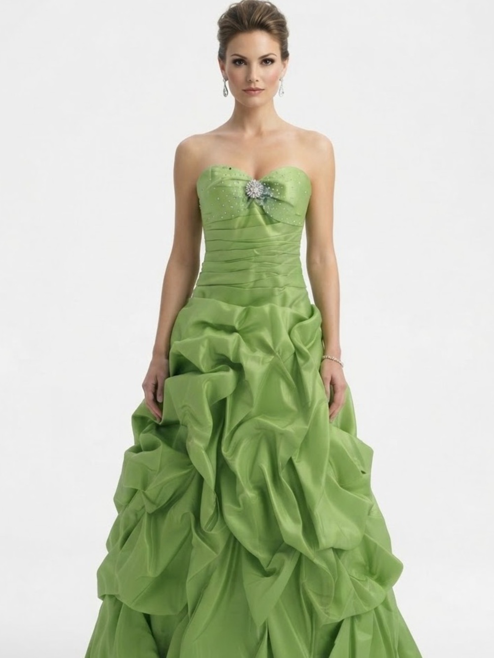 Strapless Green Ball Gown Dress with Ruching and Embellished Bodice
